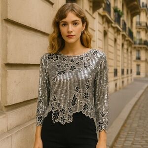 100% SILK vintage GUNIT silver sequin long sleeve top embroidered floral party